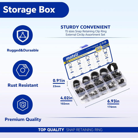 Premium Alloy Steel External Circlip Snap Ring Kit With 315 Piece Set displayed in storage box, showcasing 15 size assortment for shafts by Matell