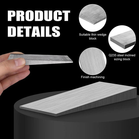Hand holding a piece of 2 Pack Flange Wedge Set 4x2 Inch Beveled Right Angle Steel Wedges, triangular metal shims for welding equipment.