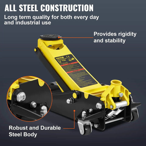 Close-up of a Three Ton Low Profile Floor Jack With Dual Pistons Quick Lift Pump Heavy Duty Steel Racing Jack For Cars showing steel body