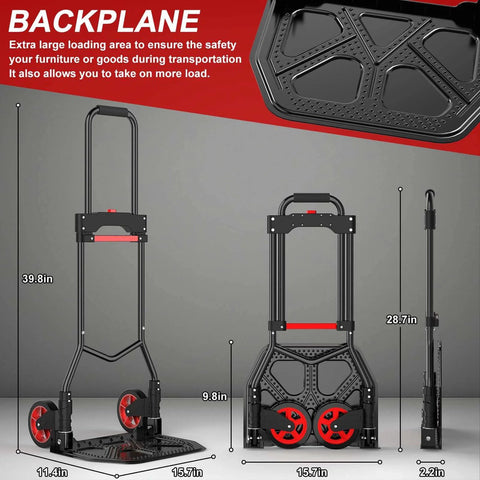 Heavy-Duty Steel Folding Hand Truck, 180LB Capacity Dolly cart with Telescoping Handle shown upright and folded.