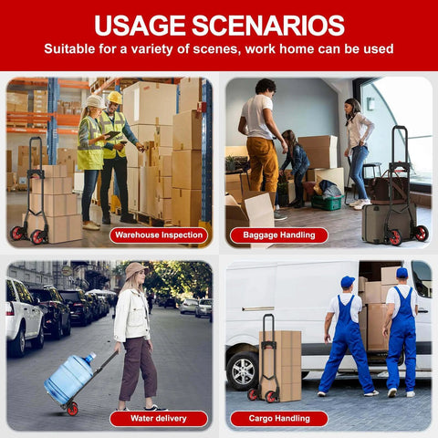 Heavy-Duty Steel Folding Hand Truck, 180LB Capacity Dolly cart with Telescoping Handle used in warehouse, baggage, and cargo handling scenarios.