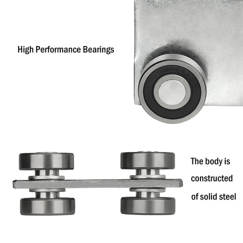 Image showing close-up of Four Wheel Trolley Assembly with roller bearings for Unistrut channel, steel plate and centered alignment.