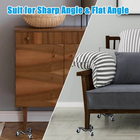 Set of 12 steel tri wheel furniture moving dollies with 3 wheel design shown under furniture corners for easy moving.