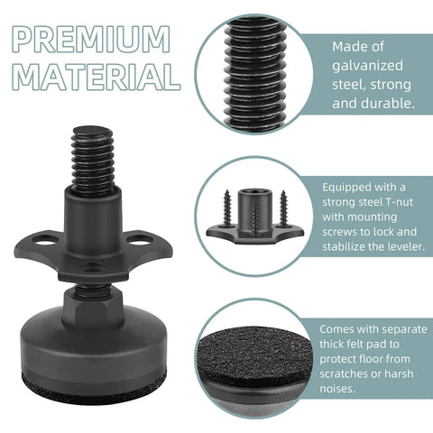 Four-pack adjustable furniture levelers with 3/8-16 threads showcasing premium galvanized steel, T-nut, and felt pad.