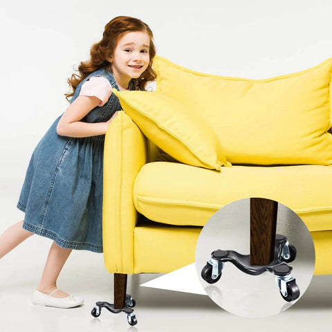 Set of 12 steel tri wheel furniture moving dollies with 3 wheel design supporting yellow couch, girl pushing for easy furniture repositioning