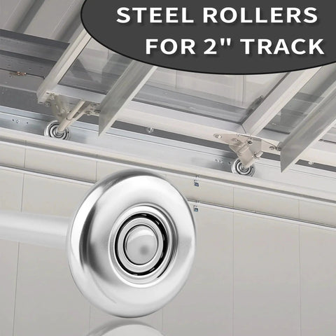 Upgrade Your Garage Door With A 7 Inch Stem Steel Roller Set For 2 Inch Track Designed For Heavy Wood And Wide Doors This 10 Pack Features Sealed 10 Ball Bearings For Stability No Slop Smooth Operation And Quick Gap Fix, close-up view of steel roller in track installation.