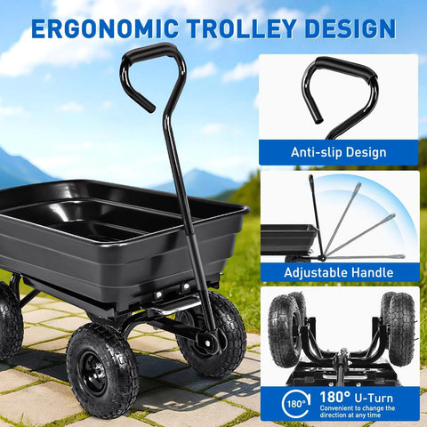 Steel Garden Cart 600 Lb Dump Wagon with All Terrain Inflatable Wheels, Ergonomic handle design for easy maneuvering.
