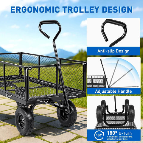 Steel Garden Cart 1100 Lb Dump Wagon with All Terrain Inflatable Wheels ergonomic handle design for easy maneuvering.