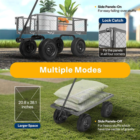 Heavy Duty Mesh Steel Garden Cart with 880 lb Capacity Folding Utility Wagon showing locked side panels and large load area.