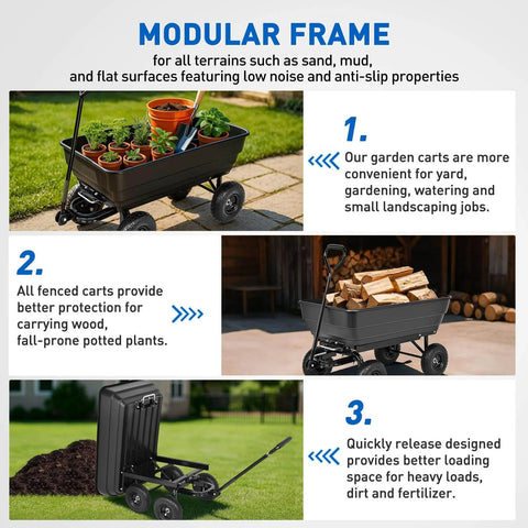 Steel Garden Cart 900 Lb Dump Wagon with All Terrain Inflatable Wheels, modular frame for various surfaces and better load security.