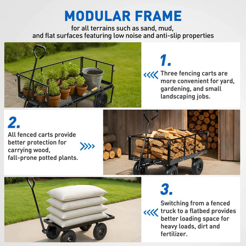 Steel Garden Cart 1100 Lb Dump Wagon with All Terrain Inflatable Wheels modular frame for landscaping and hauling tasks.