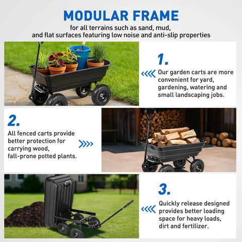 Steel Garden Cart 600 Lb Dump Wagon with All Terrain Inflatable Wheels showcasing modular frame, in use for hauling materials.