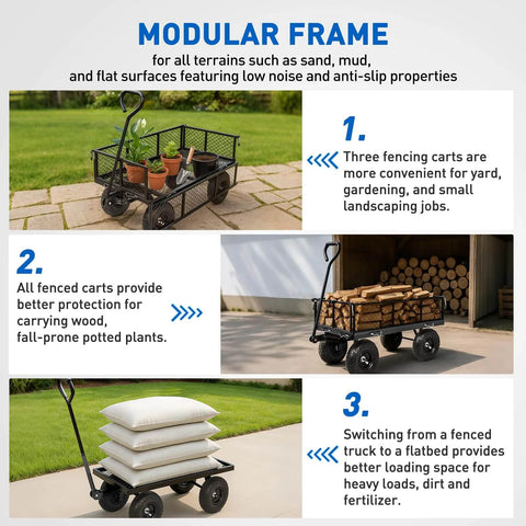 Steel Garden Cart 800 Lb Dump Wagon with All Terrain Inflatable Wheels, modular frame image showcasing versatile use for gardening.