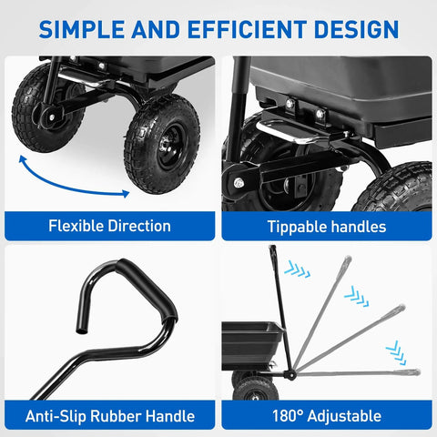 Steel Garden Cart 600 Lb Dump Wagon with All Terrain Inflatable Wheels showing flexible direction, tippable handles, and adjustable anti-slip rubber handle.
