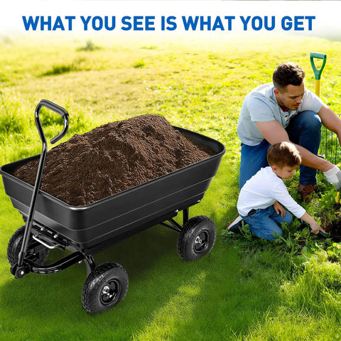 Steel Garden Cart 900 Lb Dump Wagon with All Terrain Inflatable Wheels, filled with soil, used by adults and children outdoors.