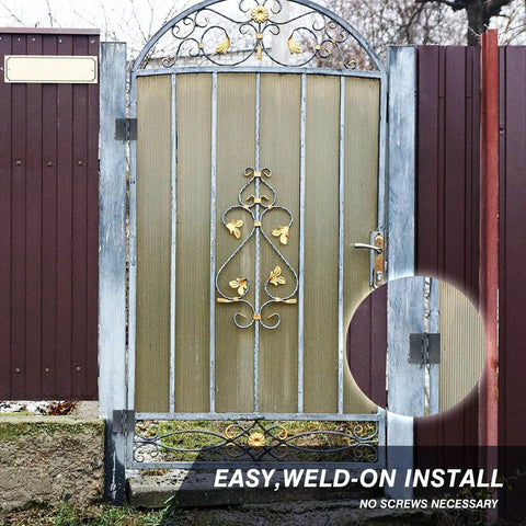 Iron gate with 2 pieces 3 heavy duty weldable hinges 12 Ga welding long lasting steel butt hinge visible on the frame for trailer gates.