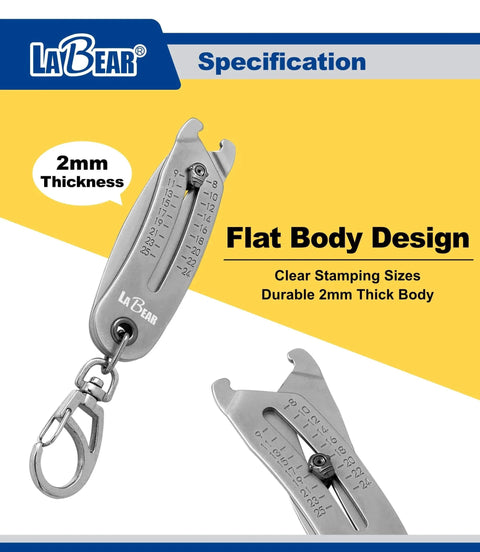 Elite Nut And Bolt Size Identifier Keychain Pro Grade SAE And Metric Gauge showing flat body design with stamped sizes.