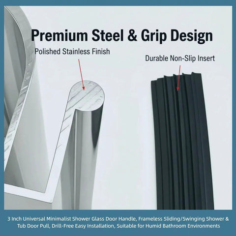 3 Inch Universal Shower Glass Door Handle Replacement For Frameless Doors Fits Sliding And Swing Tub Enclosures With 3 Inch Grip, 1.625 Inch Width, 0.26 Inch Thickness, Includes Rubber Gasket For A Secure, Easy Install, showing polished stainless steel and durable non-slip insert.