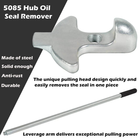 Hub Oil Seal Remover And Seal Puller For Trailer And Truck Axles No Sweat Easy To Use Tool That Safely Removes Hub Seals From Steering Drive And Trailer Axles Without Bearing Damage, showing close-up of metal pulling head and leverage arm.