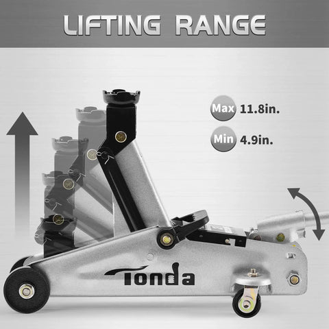 Heavy Duty 2 Ton Floor Jack With Safe Hydraulic Lift For Cars Portable Car Jack 4.9 To 11.8 Inch Lift 3800 Lb Capacity With Built In Safety Bypass Valve And Easy Maneuverability On Two Large Steel Casters TONDA showing lifting range between 4.9in and 11.8in, featuring steel construction and visible wheels for maneuverability.