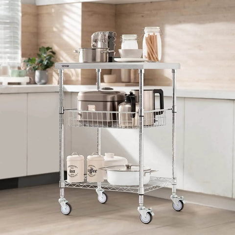 Heavy Duty Kitchen Utility Cart with Three Tiers and 470 lb Capacity, 36.6 Inch by 20 Inch by 24 Inch Steel Rolling Cart with Brake Wheels