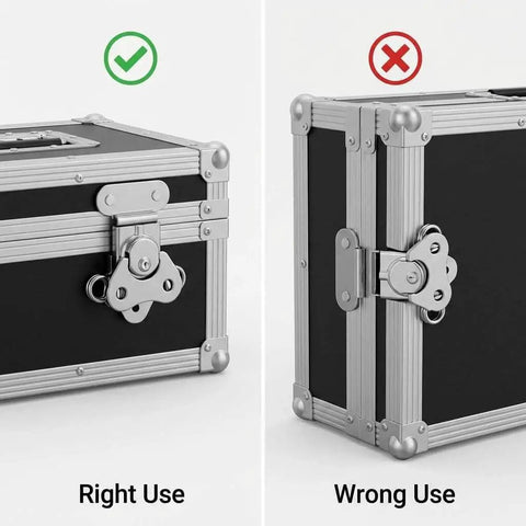 Sturdy 304 stainless steel latch set with a compact 2x1.5 inch footprint, four-pack showing correct and incorrect use on cases.