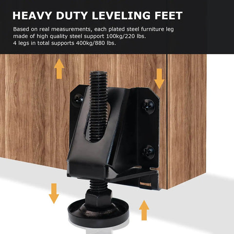 Heavy Duty Adjustable Leveling Feet For Furniture Set 4 Pcs With Hexagon Locking Nuts installed on wooden cabinet base.