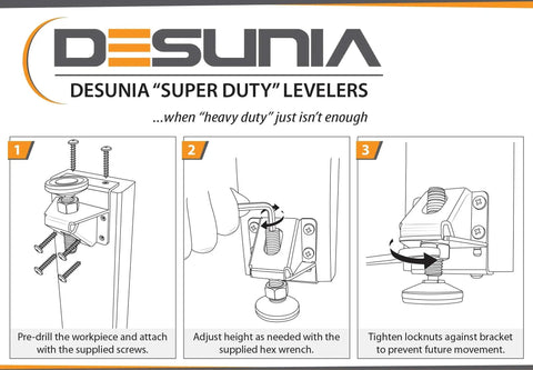 Installation steps for Beefy Heavy Duty Leveling Feet For Workbenches And Machinery with adjustable steel levelers and lock nuts