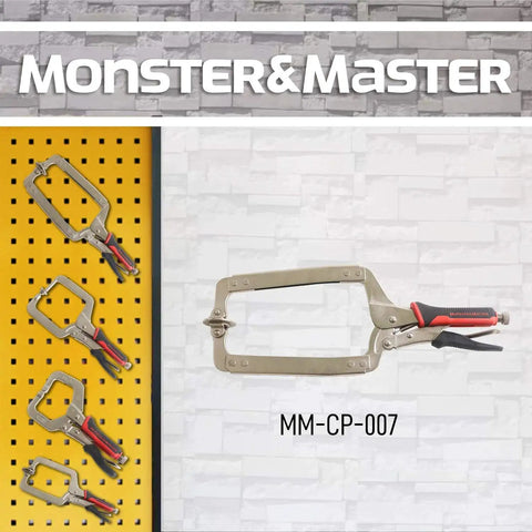 Heavy Duty 18 Inch C Clamp Locking Pliers With Swivel Pads For Welding And Woodworking 2 Piece Set displayed on wall