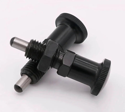 Two black steel plungers, 2 Pack Push Fit Ball Nose Spring Plungers With M12x1.5 Threads, ideal for industrial equipment.