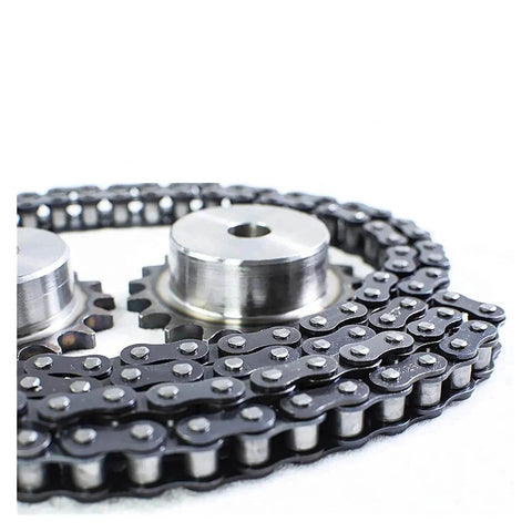 Close-up of Industrial Motor Roller Conveyor Transmission Chain Sprocket Gear 29 Teeth Sprocket, steel construction.