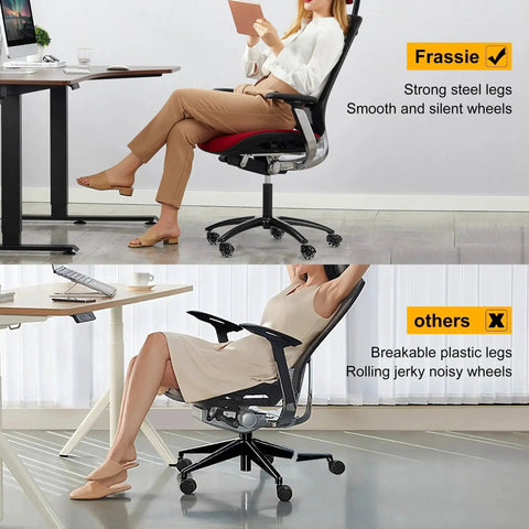 Comparison of strong steel legs with smooth wheels and breakable plastic legs with jerky wheels on office chairs