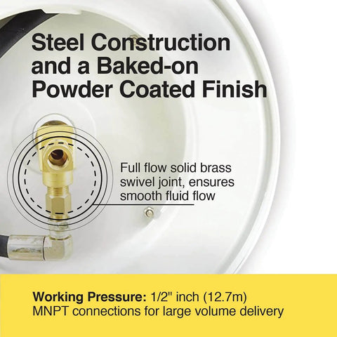 Close-up of Retractable Oil Hose Reel With One Half Inch By Fifty Foot Premium SAE 100 R1AT Hose Max 2320 Psi showing brass swivel joint.