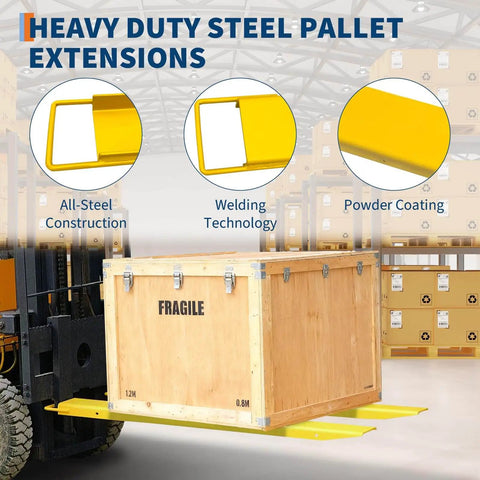 Forklift with heavy duty steel pallet extensions lifting a wooden crate in a warehouse, showing all-steel construction detail.
