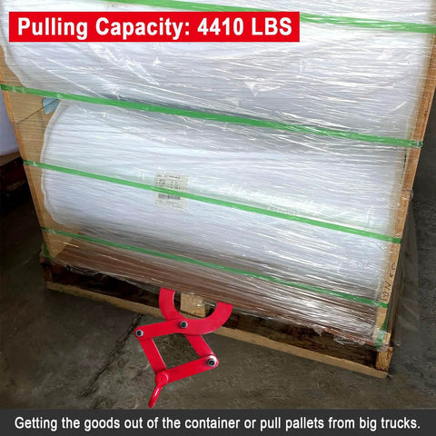Heavy Duty 2 Ton Pallet Puller With Extra Wide 8 Inch Jaw Opening Steel Single Scissor Pallet Grabber hooked to pallet