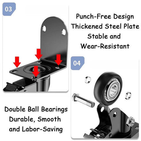 Close-up of Four Pack Side Mount Caster Wheels showing L-shaped bracket and PU rubber wheel with double ball bearings.