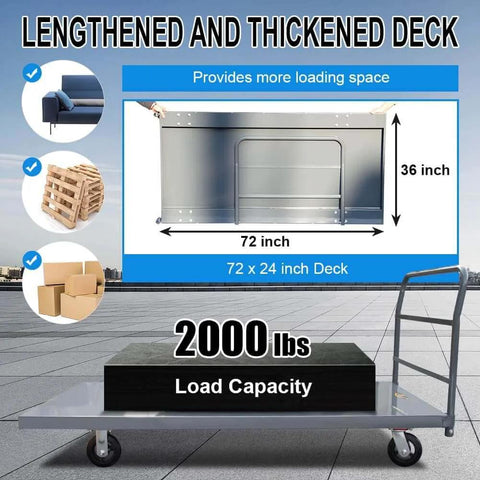Steel Platform Truck/Smooth Deck Platform Truck 2000lb Capacity Heavy Duty Industrial Push Cart 72" L x 36" W, flatbed dolly with 6x4 wheels