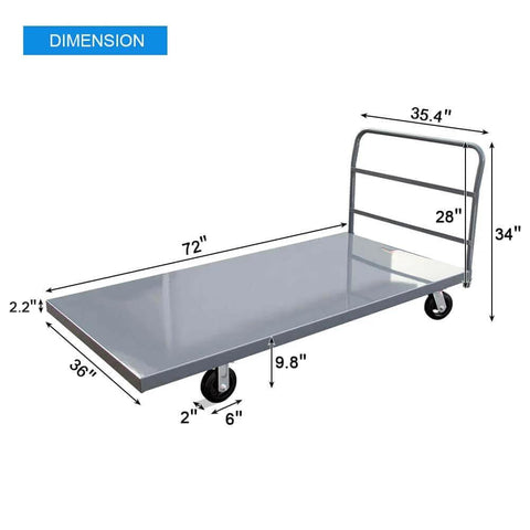 ✝️ Steel Platform Truck/Smooth Deck Platform Truck 2000lb Capacity Heavy Duty Industrial Push Cart 72" L x 36" W with dimensions shown