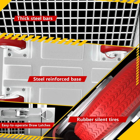Close-up of the 5IN1 Heavy Duty Platform Truck with Cage 44x28, showing steel bars, reinforced base, and rubber silent tires.