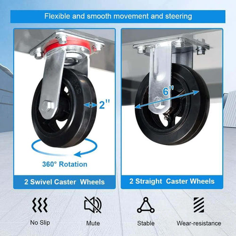 Steel Platform Truck/Smooth Deck Platform Truck 2000lb Capacity wheels with 360-degree swivel and 6-inch straight caster detail.
