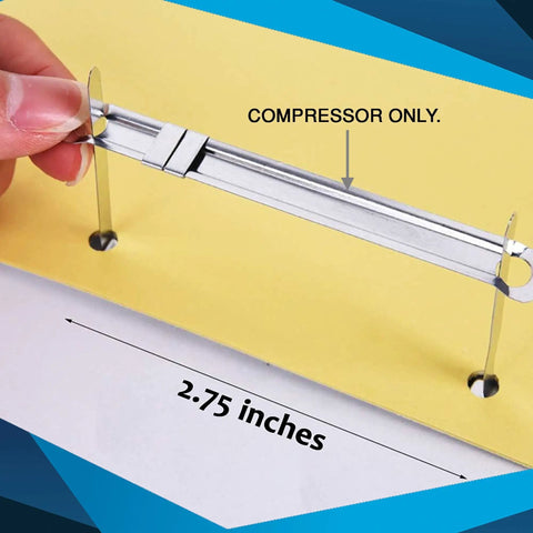 Bulk Five Hundred Pack Prong Paper Fastener Compressors For Standard Two Hole Punches Works With One To Three Point Five Inches Capacity Center Distance Two Point Seven Five Inches For Prong Bases Heavy Duty Corrosion Resistant Steel showing steel compressor on punched paper