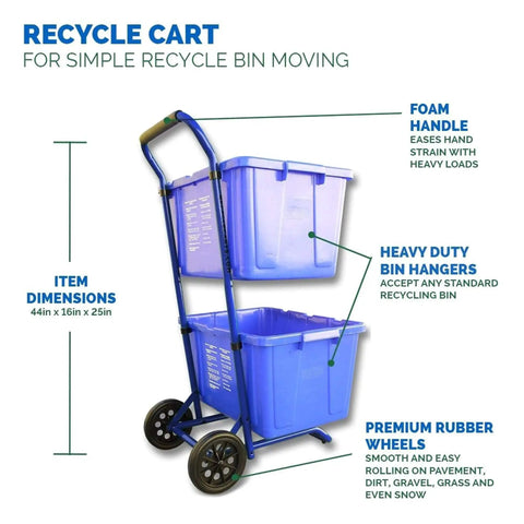 Beefy Heavy Duty Steel Recycling Cart For Bins, 220 Lb Capacity, Premium Virgin Rubber Wheels, 8 Mm Axle, UV Protected Bin Clips