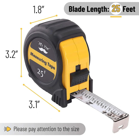 Steel Retractable Tape Measure with Fractions, 25-Foot Easy Read; compact design with size details visible.