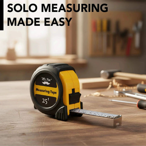Steel Retractable Tape Measure with Fractions, 25-Foot, Easy Read Tape Measure on workbench with tools.