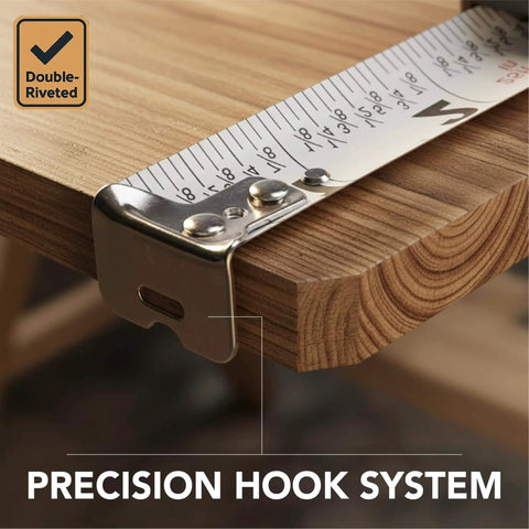 Steel Retractable Tape Measure with Fractions, 25-Foot, precision hook on wooden surface