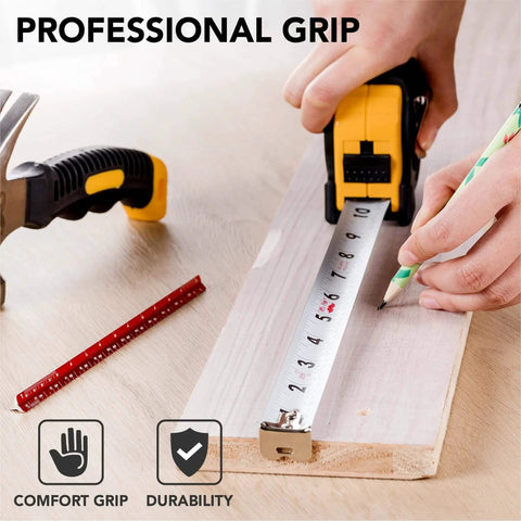 Person using Steel Retractable Tape Measure with Fractions, 25-Foot with easy-to-read fractions on wood.