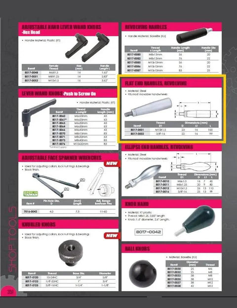 Catalog page featuring Flat End Handle With 3/8-16 Thread For Moveable Hand Wheels, Steel Revolving Flat Head, product diagram and specifications