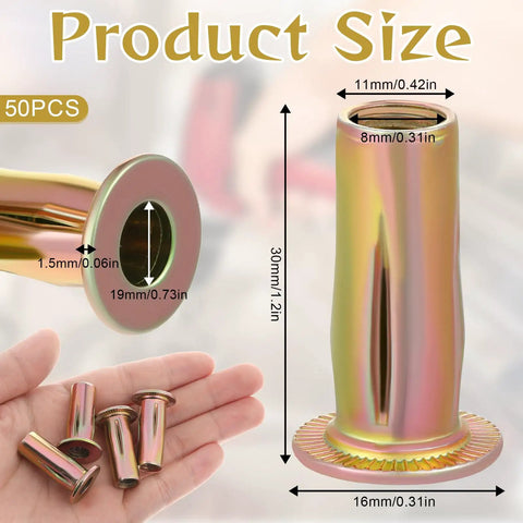 50 Pcs 5/16-18 Rivet Nuts Pro-Grade Multi-Grip Steel Threaded Inserts Zinc Plated For Metal And Plastic Applications Ideal For Automotive Construction And Industrial Fasteners, showing product size and details.