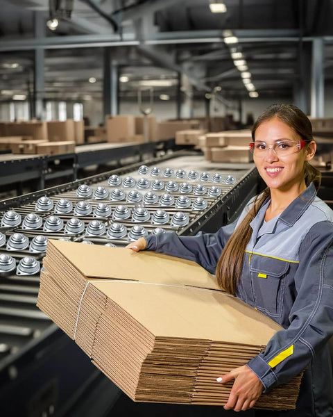 Worker handling cardboard next to 16 Pcs Table Ball Slide Units Roller Ball Transfer Bearings with 1 Inch Carbon Steel Ball for conveyors.