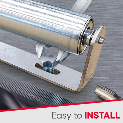 Heavy Duty Galvanized Steel Rollers Bracket Set: Conveyor System for Woodworking, showing close-up of roller installation on a bracket.